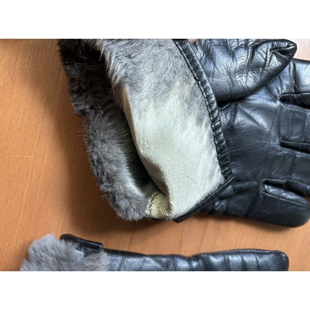 Leather Gloves Black Rabbit Fur Lined Women Large *Read